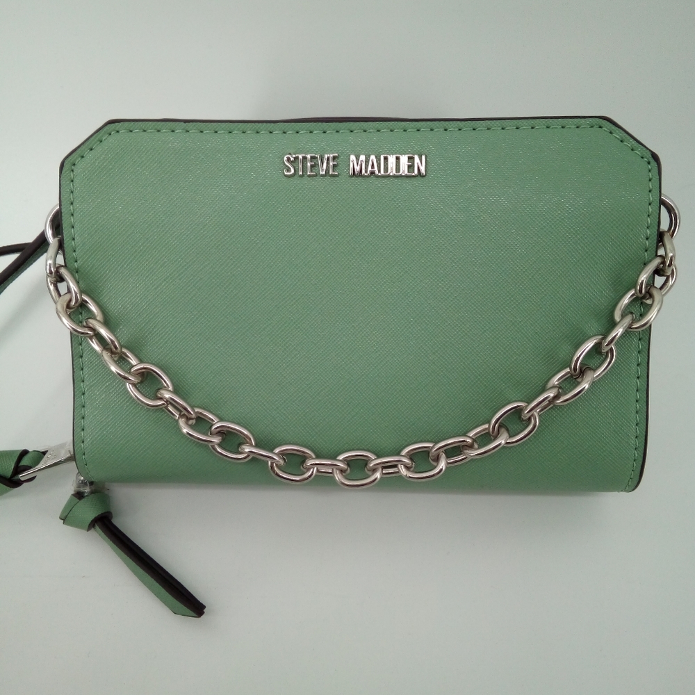 Steve Madden Mint Green Vegan Jet Set Chain Double Zip Crossbody Purse ID Cards